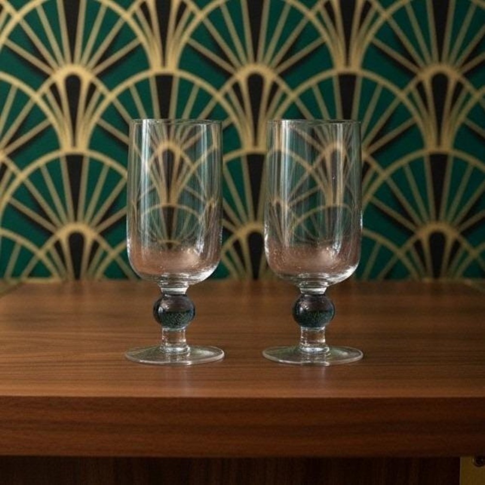 Smokey Blue Ball Stem Water Goblets, Set of‎ 2, Vintage Short-Footed Glassware